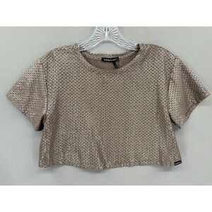 Koral Shirt Womens XS Brown Gold Metz Cropped Mesh T-Shirt Shiny Workout Gym Top